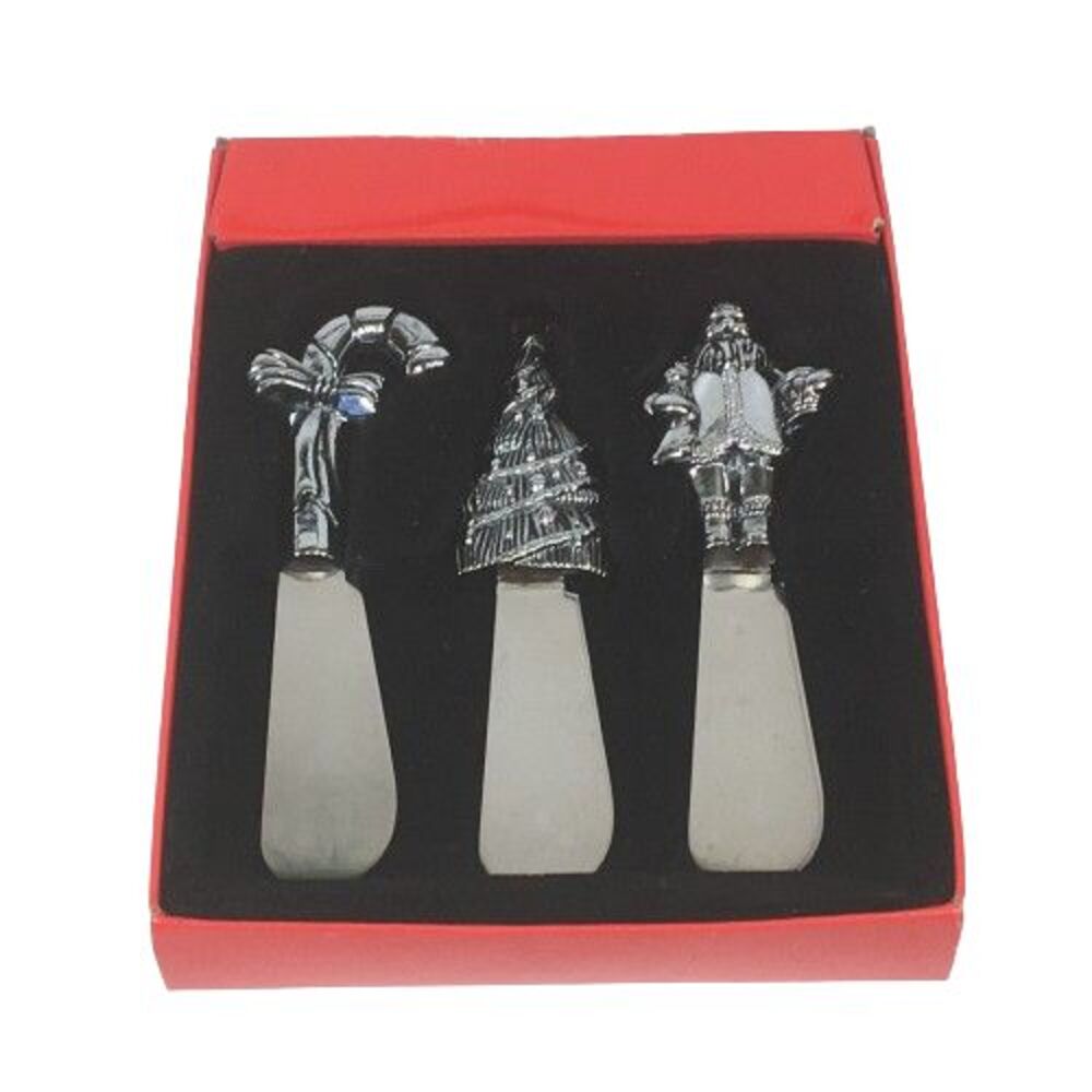 3 Christmas Cocktail Forks Spreaders Knives Stainless Set Tree Santa Candy Cane